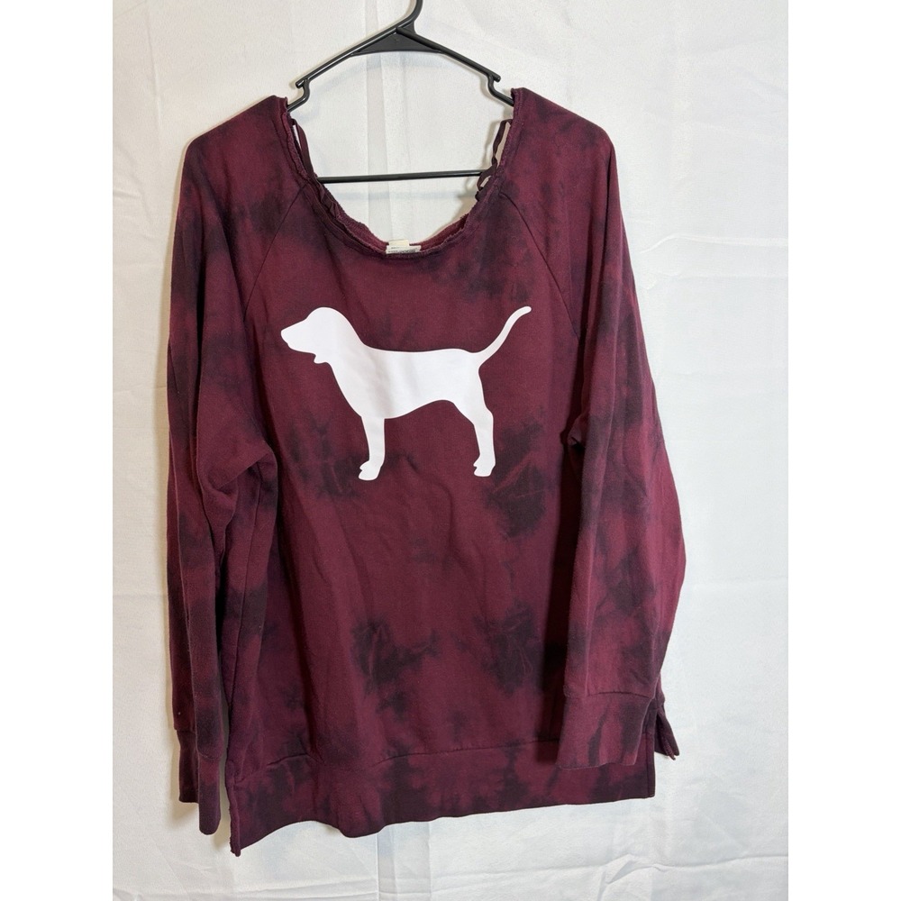 Victoria's Secret PINK Sweatshirt Red Tie Dye Raw Cut Dog Graphic Size Medium - Picture 6 of 10